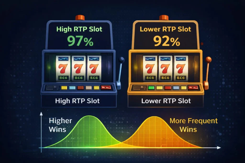 comparison of slot machine RTP percentages showing high RTP vs standard RTP payout probability curves
